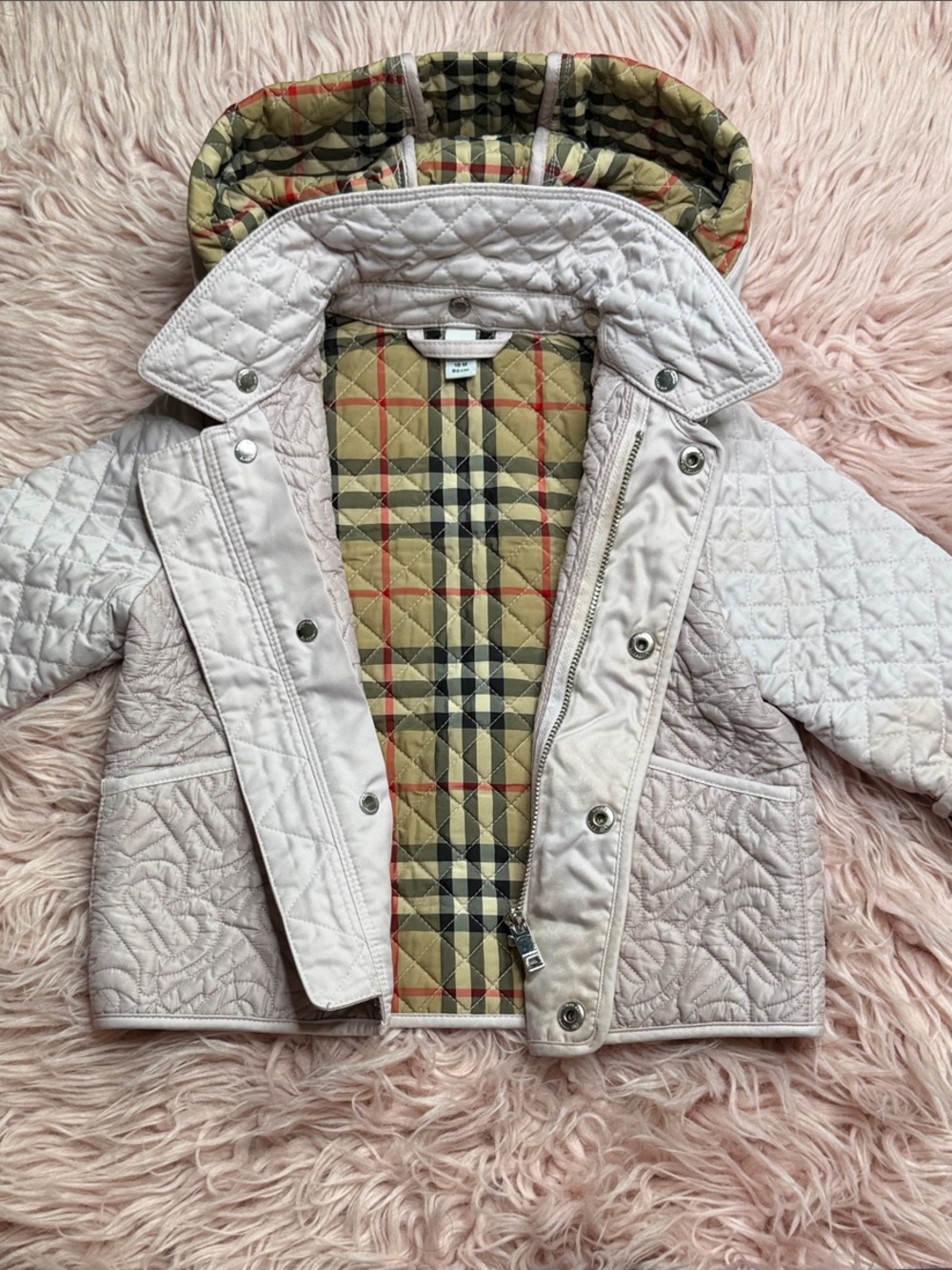 Burberry Light Pink Quilted Kids Jacket with Iconic Check Lining